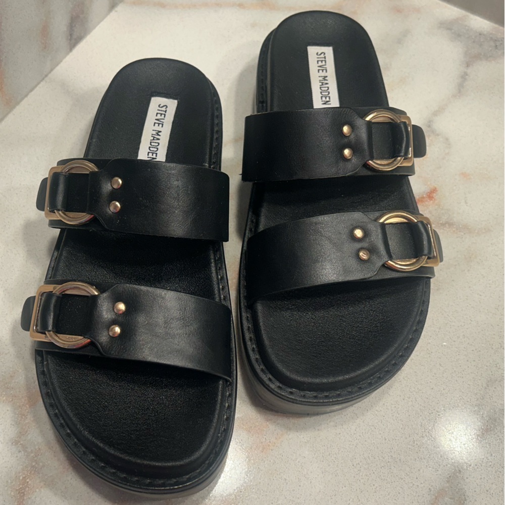 Steve Madden Black Slide Sandals with Gold Buckles